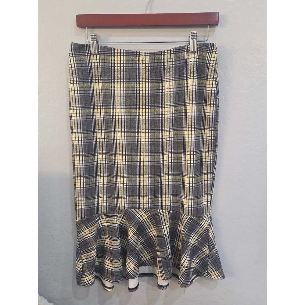 Plaid Ruffle Hem Midi Skirt Grey Yellow Metallic Gold Mermaid Pencil Skirt Large